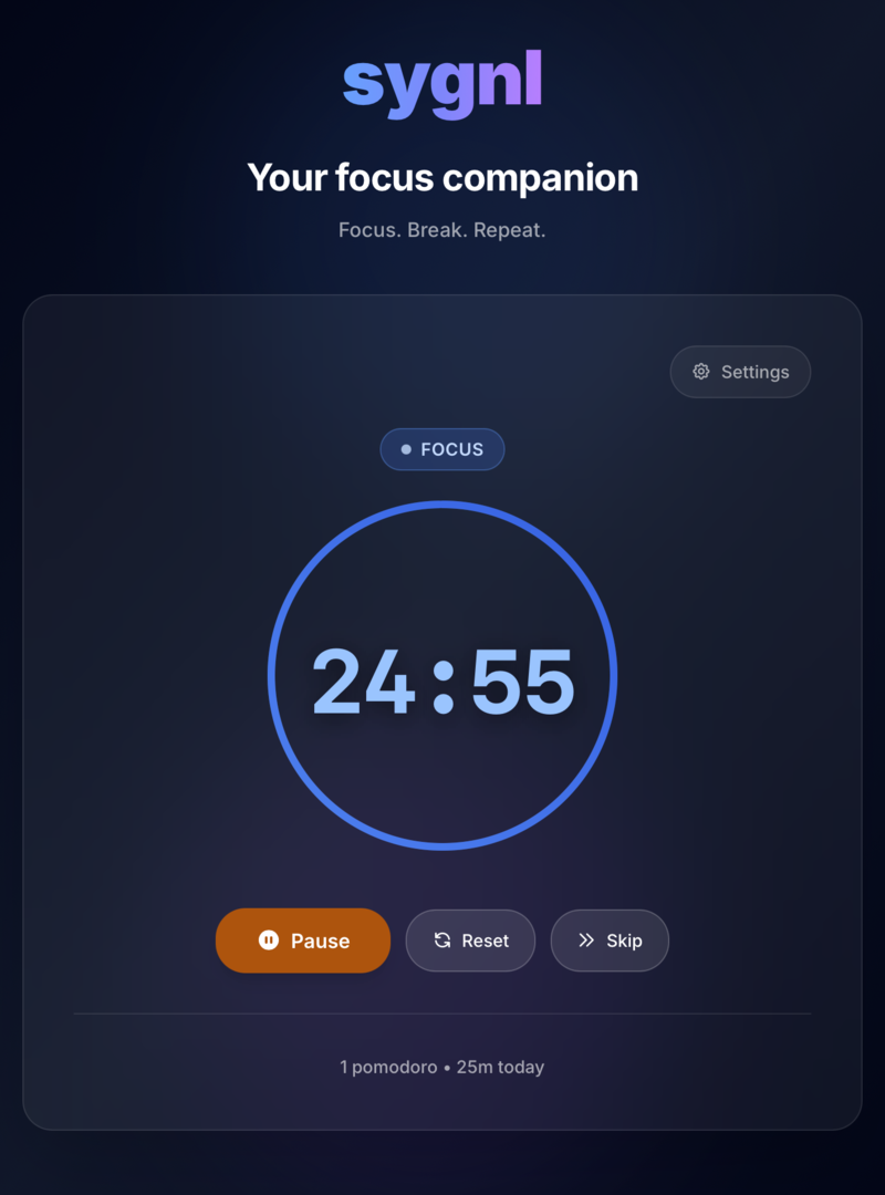 Sygnl focus timer in action - showing active 25-minute focus session